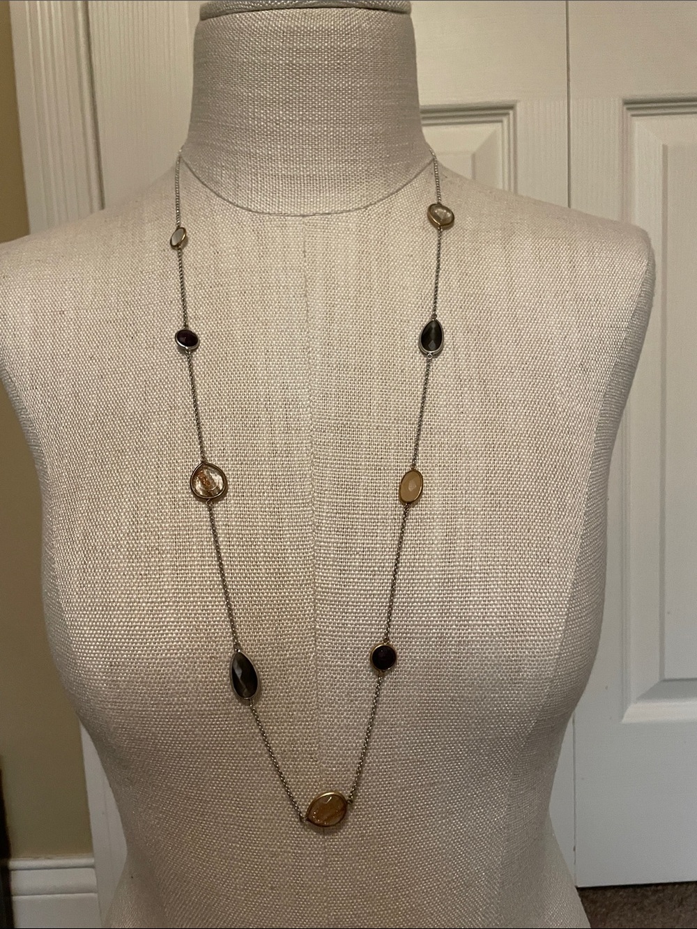 Long Multicolor Stone Station Necklace - Women's Fashion Jewelry